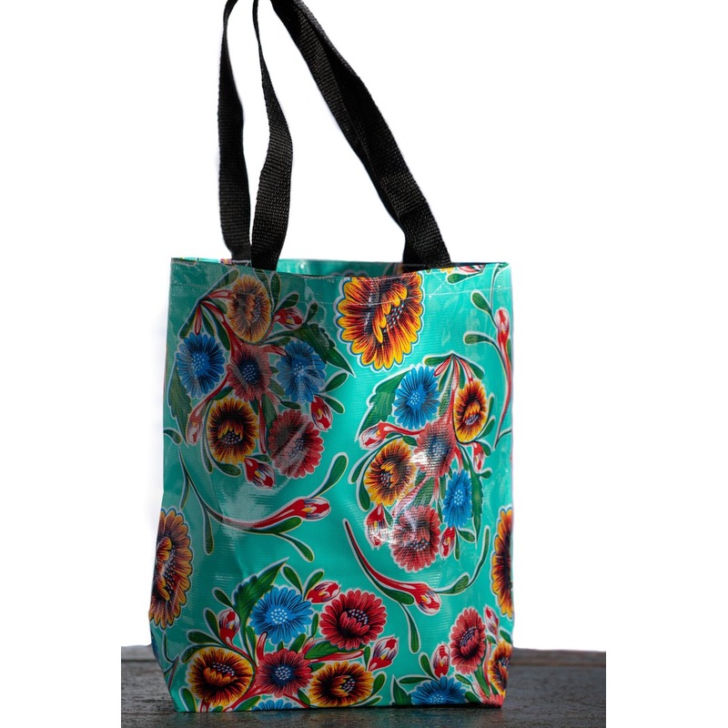 Mexican Oilcloth Tote Bag - Medium Bloom Aqua