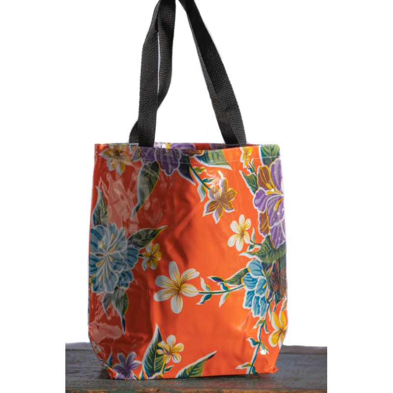 Mexican Oilcloth Tote Bag - Medium Hibiscus Orange