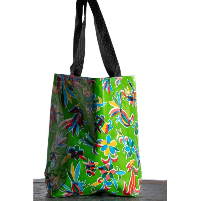 Mexican Oilcloth Tote Bag - Medium Otomi Design Green