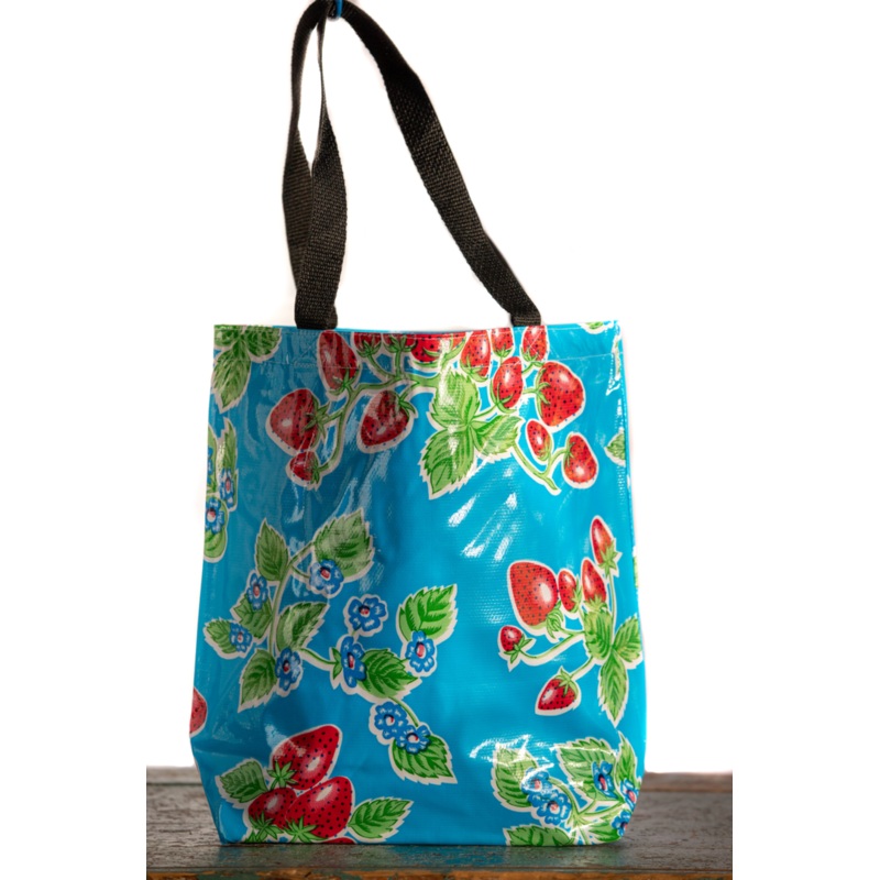Mexican Oilcloth Tote Bag - Medium Strawberries Blue