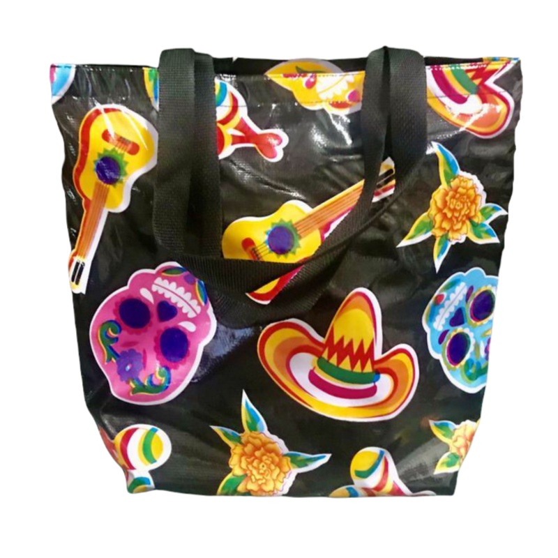 Mexican Oilcloth Tote Bag - Medium Sugar Skulls Black