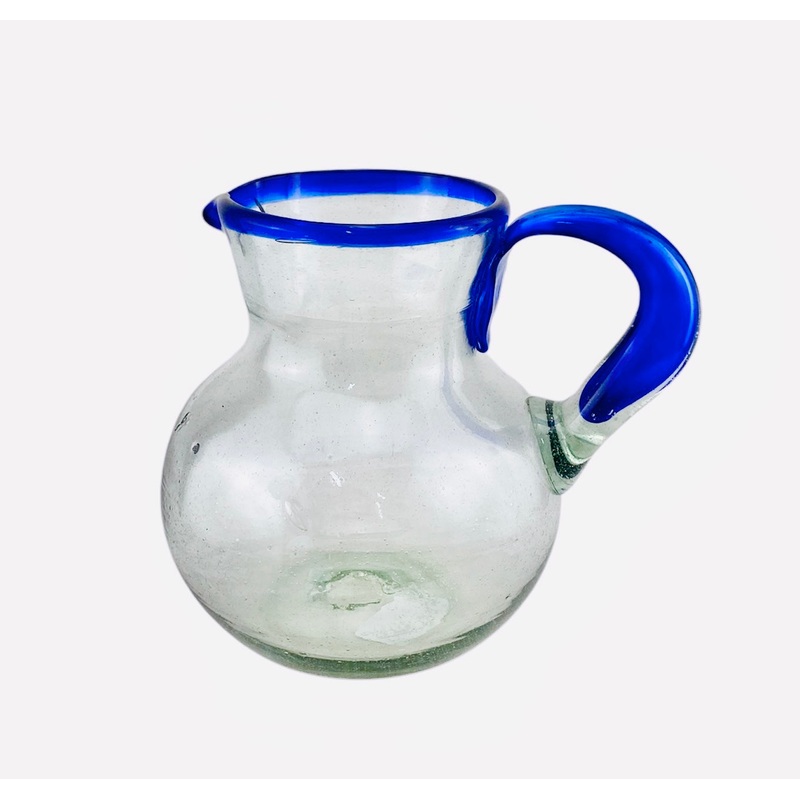Mexican recycled glass -  Hand Blown Glass Pitcher - blue rim