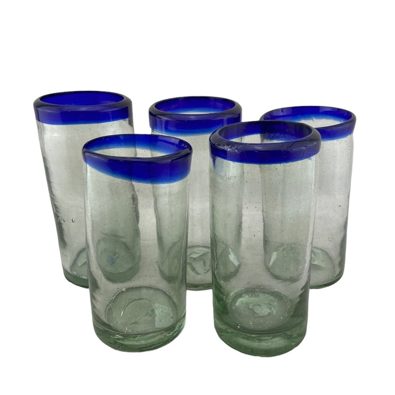 Handblown Mexican Drinking Glass - blue rim