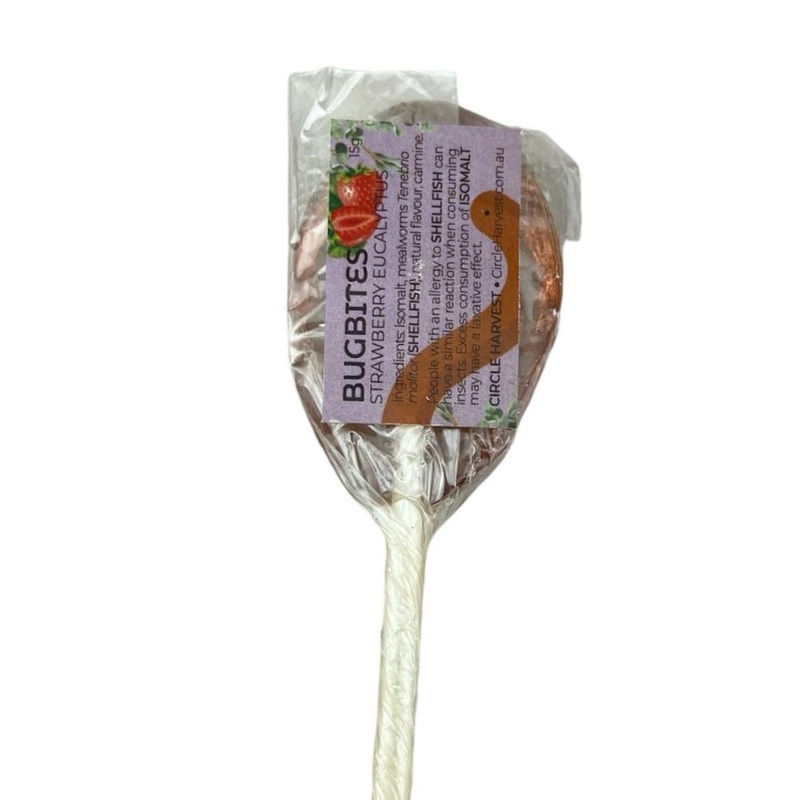 BugBites Real Australian Edible Lollipop - Strawberry Eucalyptus with worm