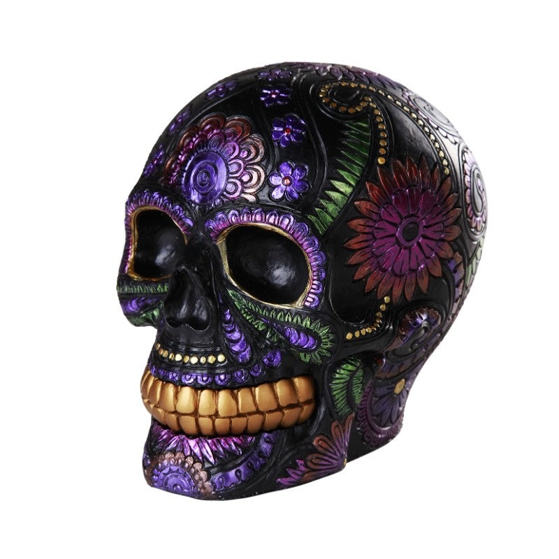 Day of the Dead Hand Painted Day of the Dead Black Metallic Skull