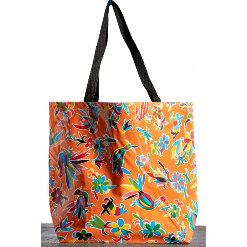 Mexican Oilcloth Tote Bag - Large Otomi Design Orange