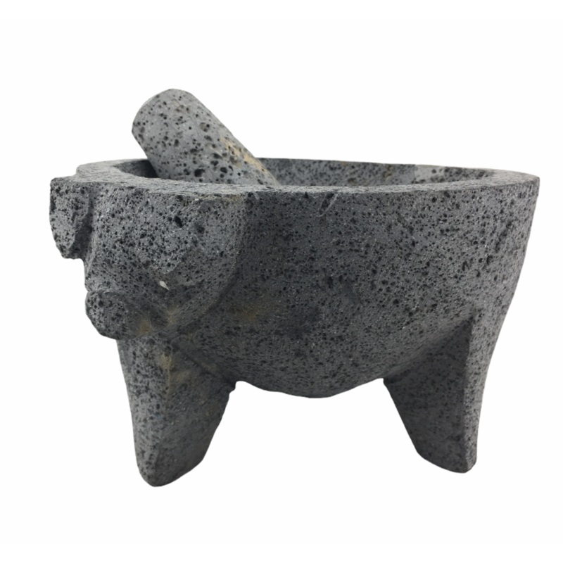 Molcajete mortar and pestle - natural Mexican volcanic stone with pig motif
