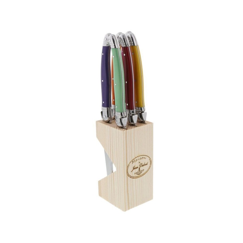 Laguiole Jean Dubost Maison Steak Knife Set with Block Mixed Colours 6 Piece Set