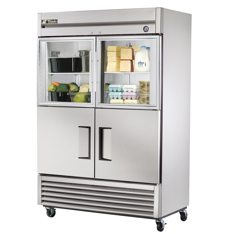 True T-49-2-G-2-HC~FGD01 2-Section Left/Right Hinged 2 Glass Top / 2 Solid Bottom Half Door Reach-In Refrigerator 54" - 115v