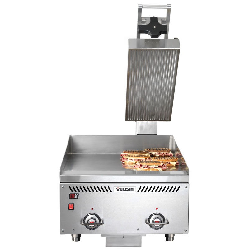 Vulcan VMCS-201 - Electric Manual Lift Grooved Griddle Clamshell Hood - 208v