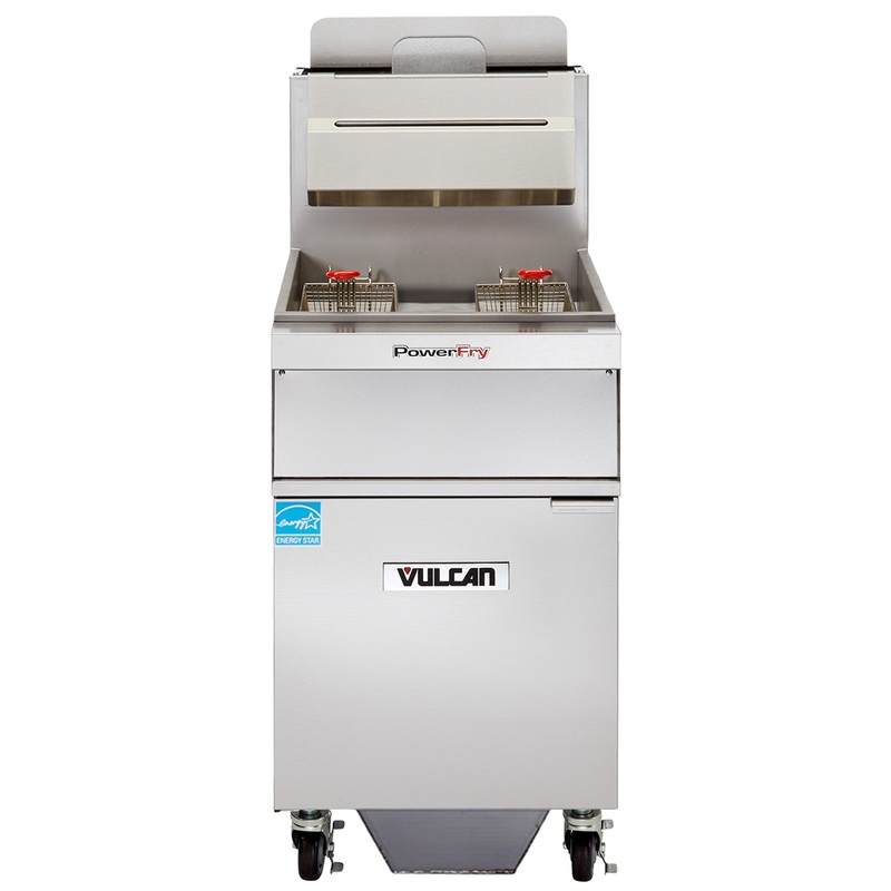 Vulcan 1VK65AF One Bank Natural Gas Floor Fryer with PowerFry5, Solid State Analog Controls, and KleenScreen Filtration - Holds 65 to 70 lbs. - 80,000 BTU