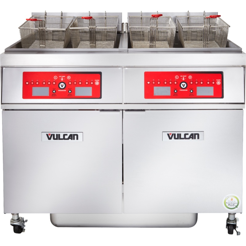 Vulcan 2ER85CF Two Bank Electric Floor Fryer with Computer Controls and KleenScreen Filtration - Holds 170 lbs. - 208v/3-ph, 24kW