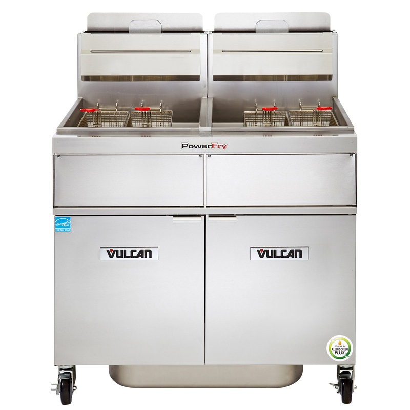 Vulcan 2TR85AF Two Bank Natural Gas Floor Fryer with PowerFry3, Solid State Analog Controls, and KleenScreen Filtration - Holds 170 to 180 lbs. - 180,000 BTU