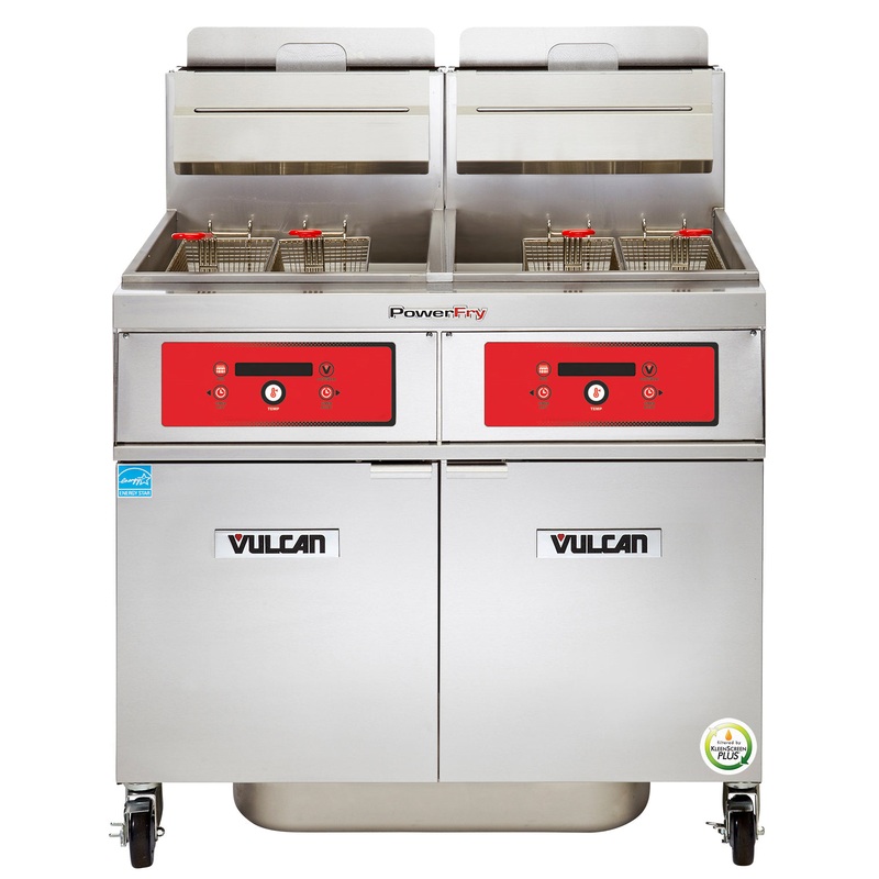 Vulcan 2TR85DF Two Bank Natural Gas Floor Fryer with PowerFry3, Solid State Digital Controls, and KleenScreen Filtration - Holds 170 to 180 lbs. - 180,000 BTU
