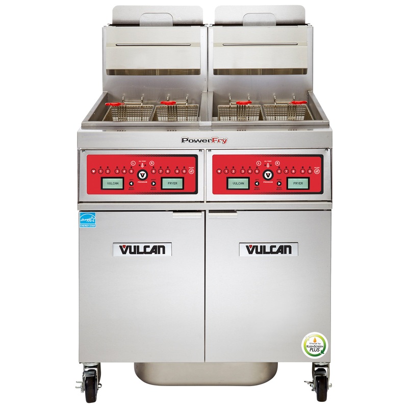 Vulcan 2VK45CF Two Unit Natural Gas Floor Fryer with PowerFry5, Computer Controls, and KleenScreen Filtration - Holds 90 to 100 lbs. - 140,000 BTU