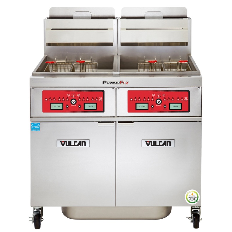 Vulcan 2VK85CF Two Bank Natural Gas Floor Fryer with PowerFry5, Computer Controls, and KleenScreen Filtration - Holds 170 to 180 lbs. - 180,000 BTU