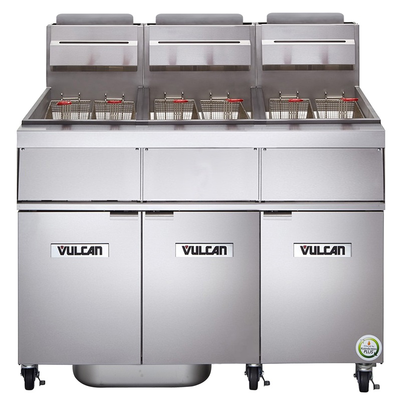Vulcan 3GR45MF-NG Three Unit Natural Gas Floor Fryer with Millivolt Controls and KleenScreen Filtration - Holds 135 to 150 lbs. - 360,000 BTU