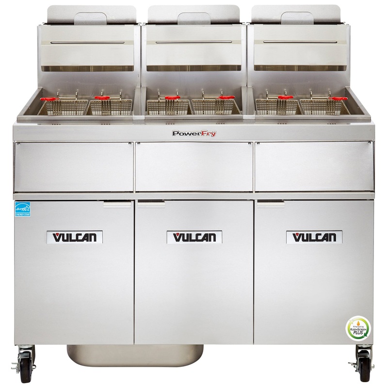 Vulcan 3VK45AF Three Bank Natural Gas Floor Fryer with Powerfry5, Solid State Analog Controls, and KleenScreen Filtration - Holds 135 to 150 lbs. - 210,000 BTU