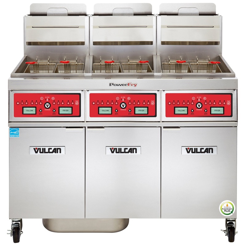 Vulcan 3VK45CF Three Bank Gas Floor Fryer with PowerFry5, Computer Control, and KleenScreen Filtration - Holds 135 to 150 lbs. - 210,000 BTU