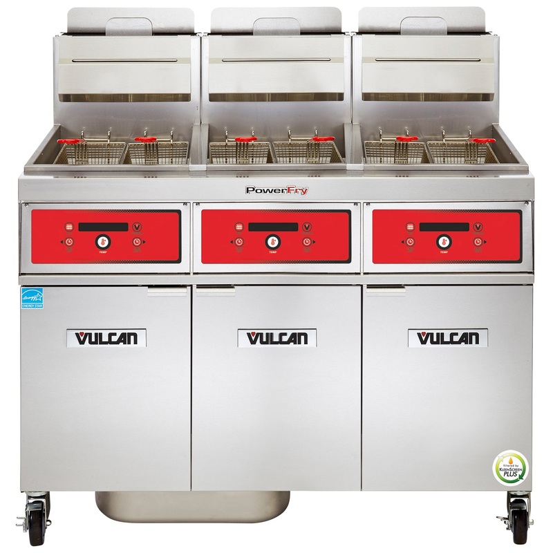 Vulcan 3VK45DF PowerFry5 Three Bank Floor Gas Fryer with Solid State Digital Controls and KleenScreen Filtration 135-150 lb. - NG, 210,000 BTU