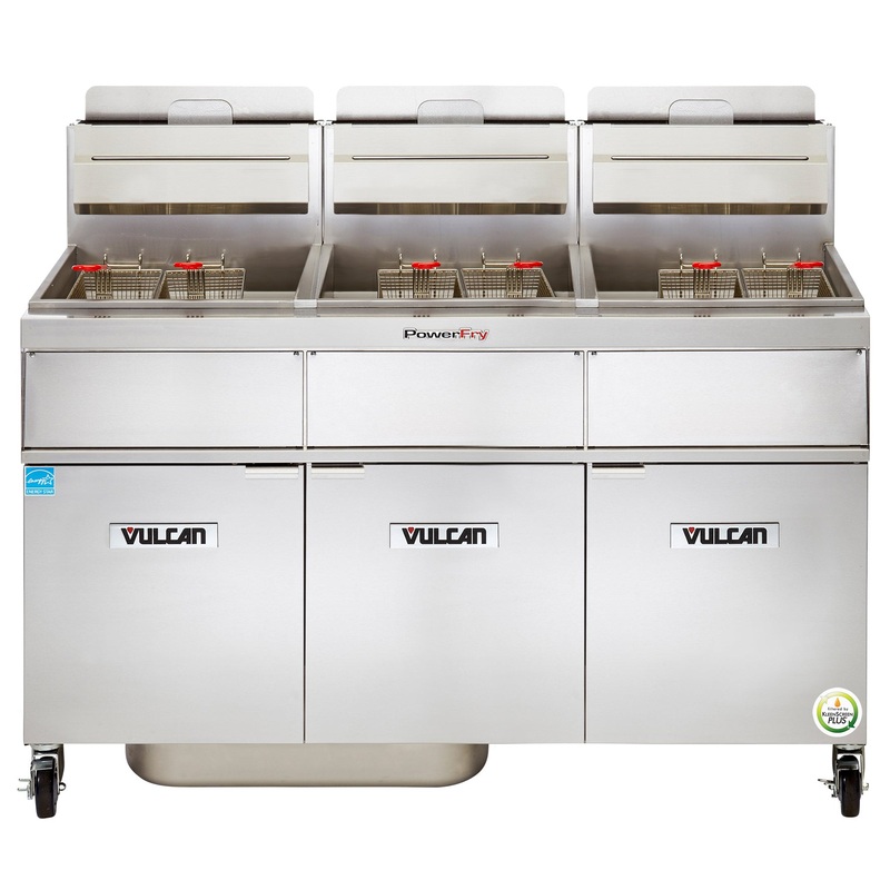 Vulcan 3VK65AF Two Bank Natural Gas Floor Fryer with PowerFry5, Solid State Analog Controls, and KleenScreen Filtration - Holds 185 to 210 lbs. - 240,000 BTU