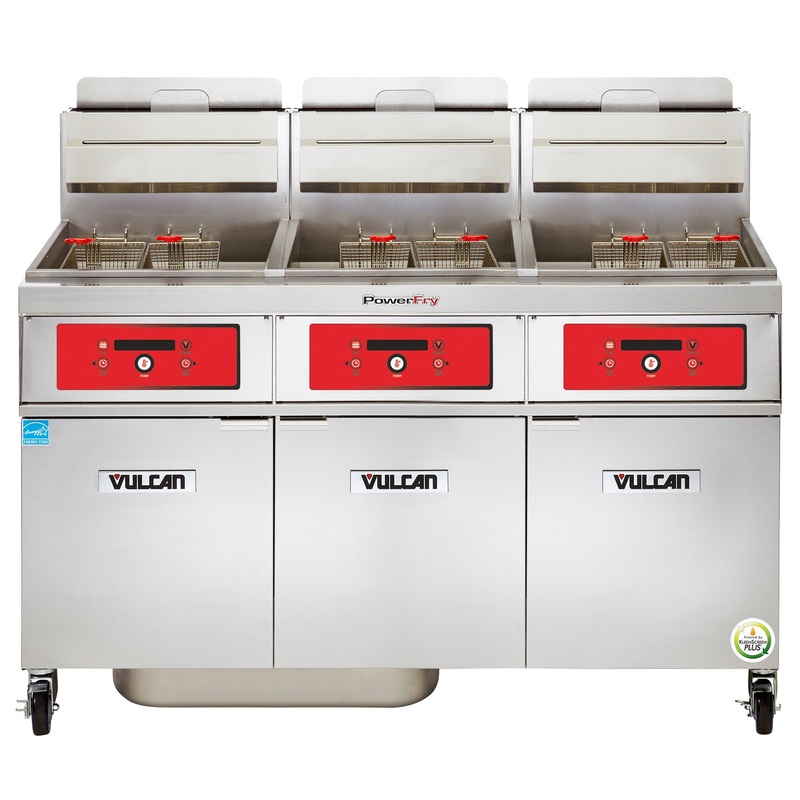 Vulcan 3VK65DF Three Bank Natural Gas Floor Fryer with PowerFry5, Solid State Digital Controls, and KleenScreen Filtration - Holds 195 to 210 lbs. - 240,000 BTU