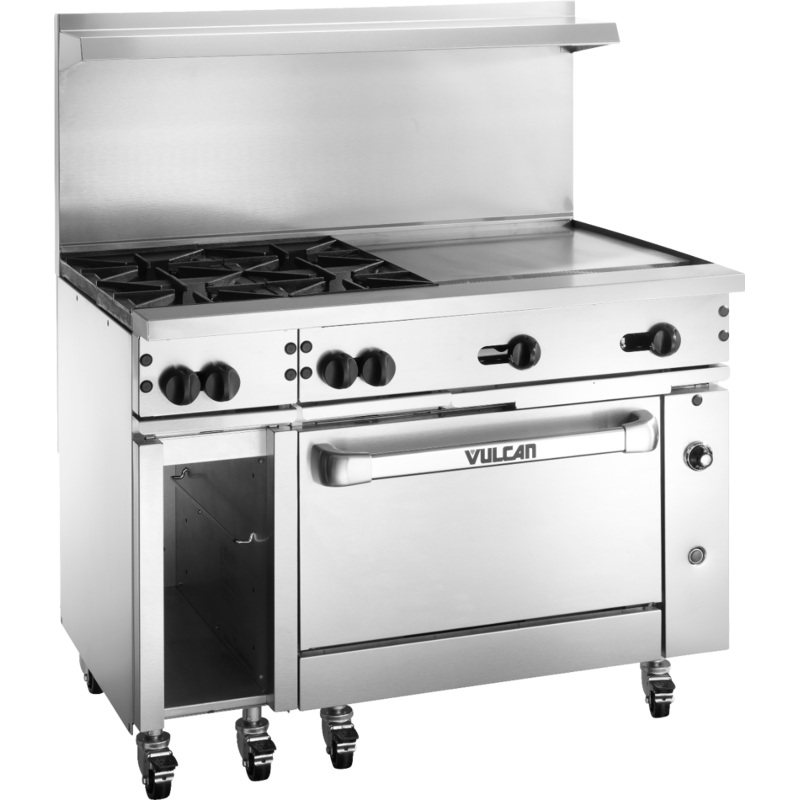 Vulcan 48S-4B24GT Endurance Natural Gas Range 4 Burner w/ Thermostatic Griddle, Standard Oven & Cabinet 48" - 195,000 BTU