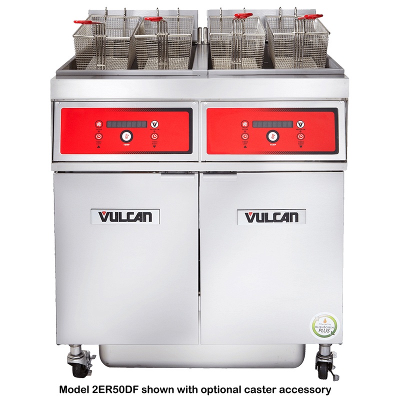 Vulcan 4ER50DF Four Bank Electric Floor Fryer with Computer Controls and KleenScreen Filtration - Holds 200 lbs. - 208v/3-ph, 17kW