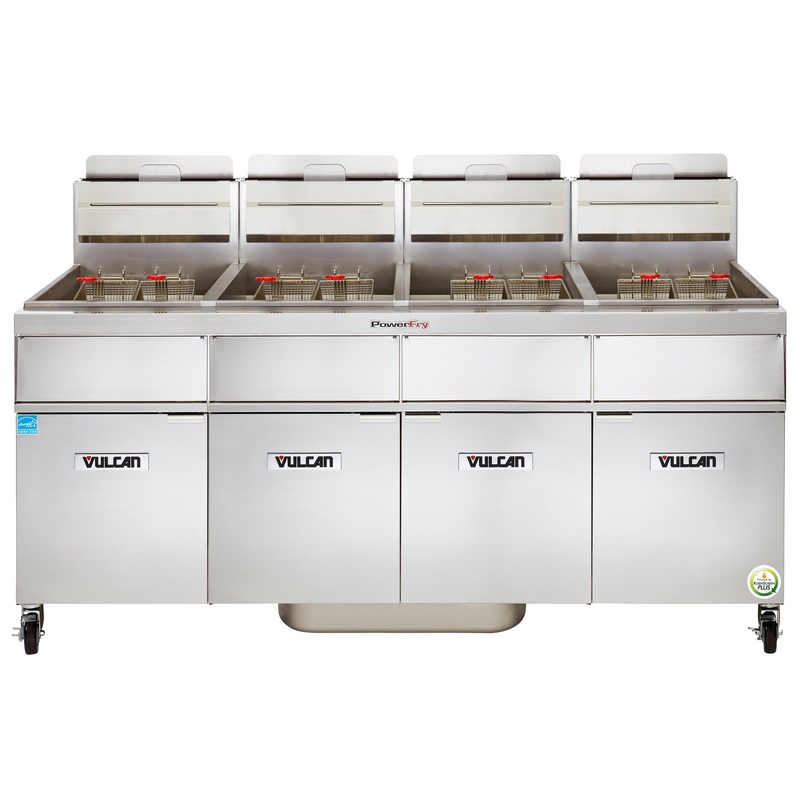 Vulcan 4VK65AF Four Bank Natural Gas Floor Fryer with PowerFry5, Solid State Analog Controls, KleenScreen Filtration - Holds 260 to 280 lbs. - 320,000 BTU