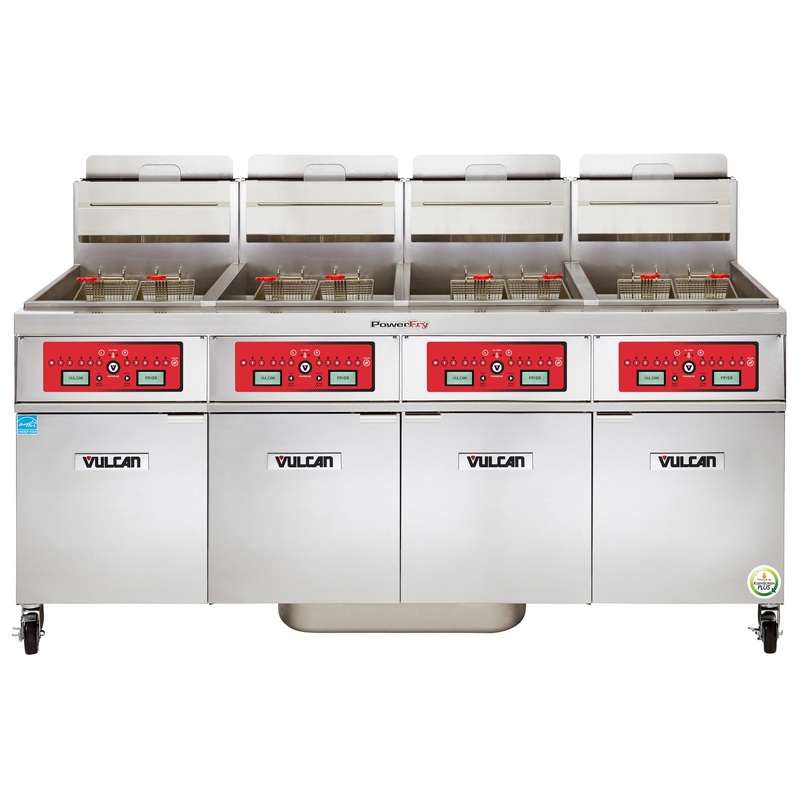 Vulcan 4VK65CF Four Bank Natural Gas Floor Fryer with PowerFry5, Computer Controls, and KleenScreen Filtration - Holds 260 to 280 lbs. - 320,000 BTU