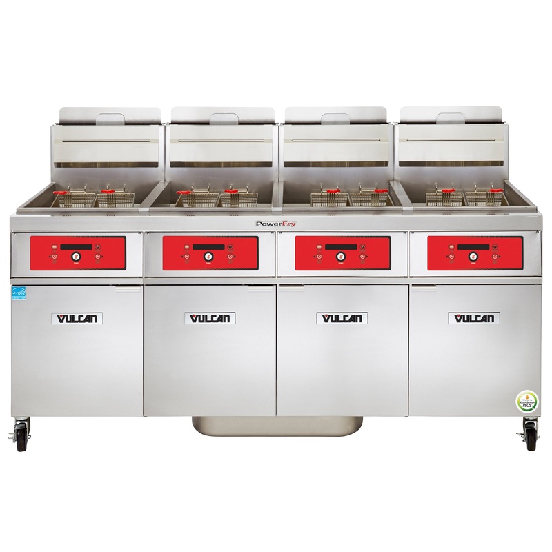 Vulcan 4VK65DF Four Bank Natural Gas Floor Fryer with Solid State Digital Controls, PowerFry5, and KleenScreen Filtration - Holds 260 to 280 lbs. - 320,000 BTU