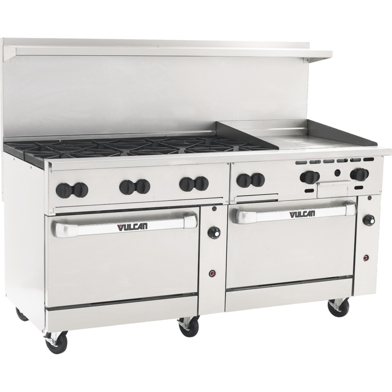 Vulcan 72SS-8B24G Endurance Natural Gas Range 8 Burners w/ Manual Griddle & 2 Standard Oven Bases 72" - 350,000 BTU