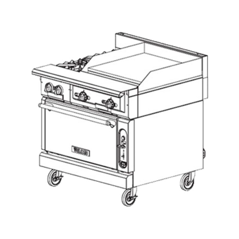 Vulcan V2BG4TB V Series Heavy Duty Natural Gas Thermostatic Range 2 Open Burners, Right Side Griddle & Cabinet Base 36" - 130,000 BTU
