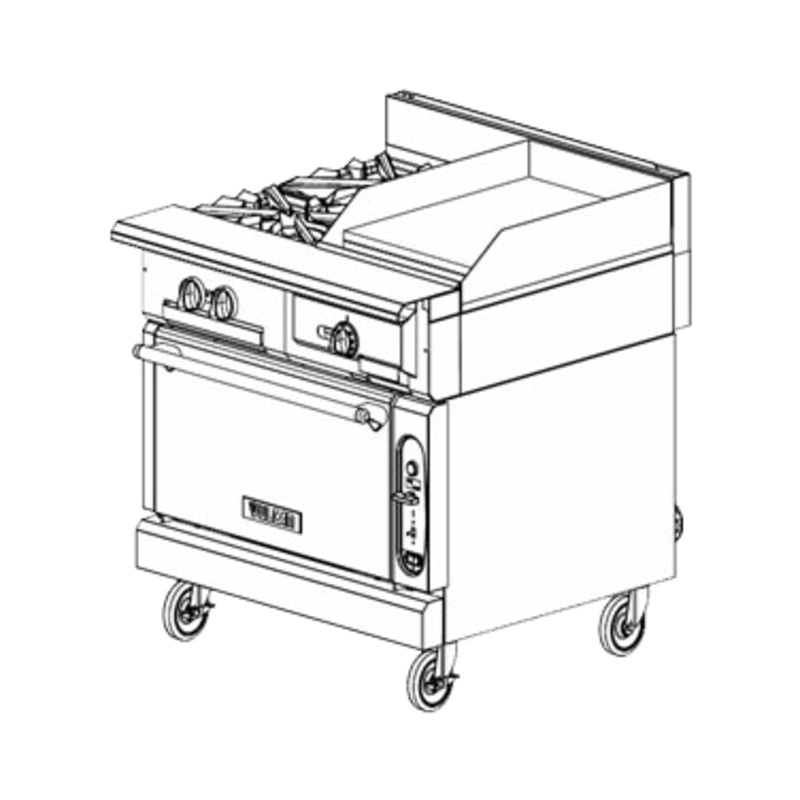 Vulcan V2BG8TC V Series Heavy Duty Natural Gas Range Two Burner w/ 18" Right Side Thermostatic Griddle and Convection Oven Base 36" - 132,000 BTU