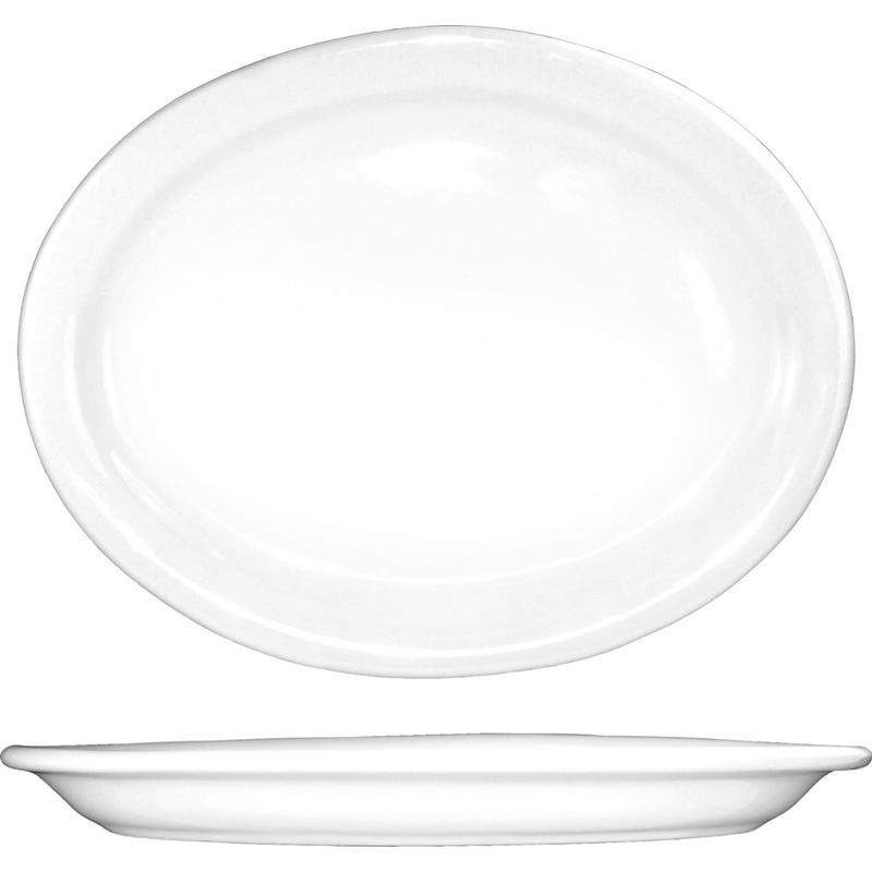 International Tableware BR-13 Brighton European White Narrow Rim Oval China Platter 11-1/2" x 9" - 12/cs