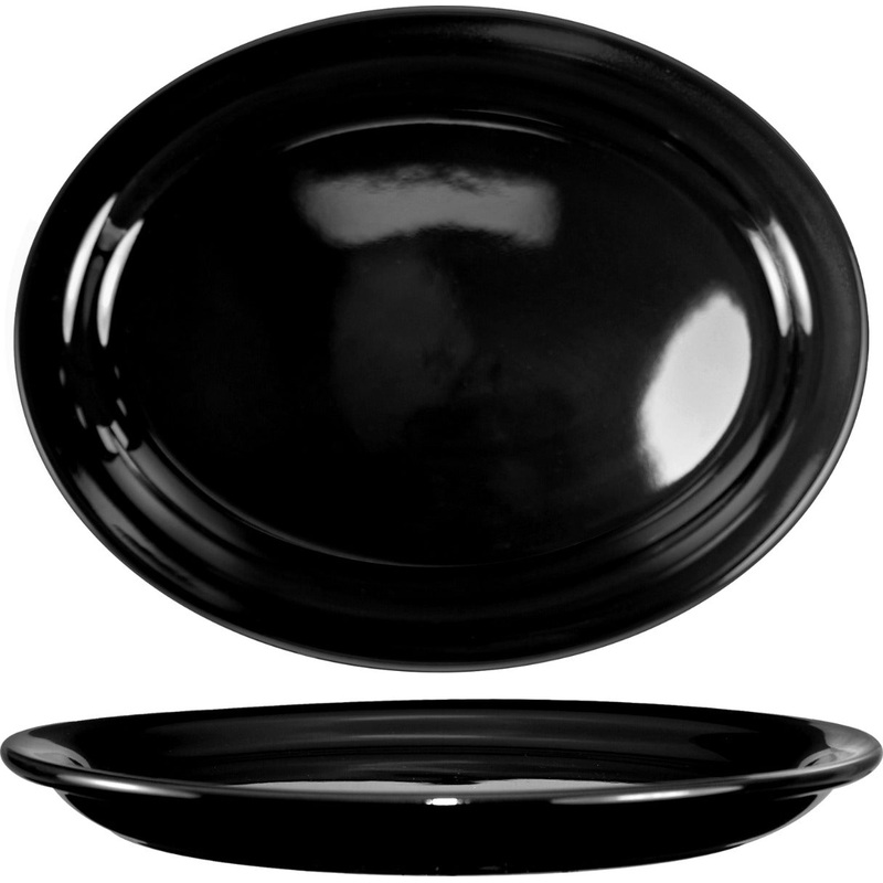 International Tableware CAN-12-B Cancun Black Rolled Edge Narrow Rim Oval China Platter 9-3/4" x 7" - 24/cs