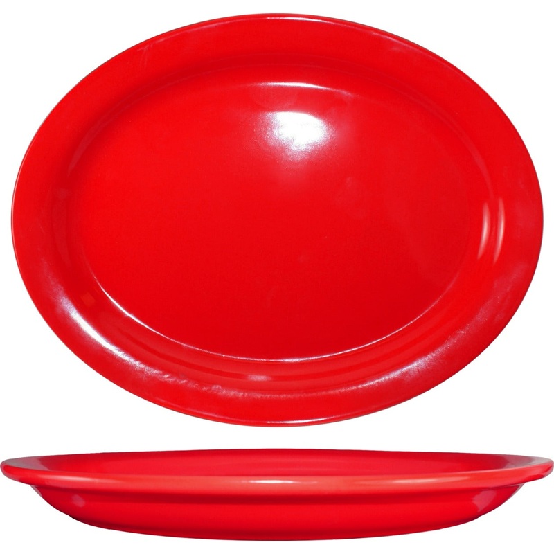 International Tableware CAN-12-CR Cancun Crimson Red Rolled Edge Narrow Rim Oval China Platter 9-3/4" x 7" - 24/cs