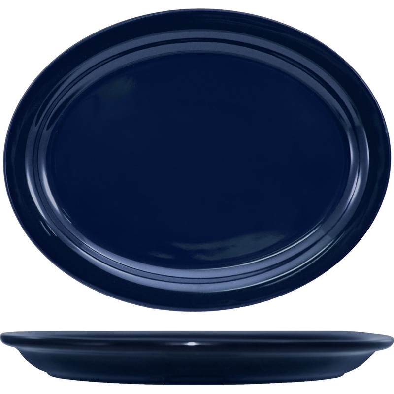 International Tableware CAN-13-CB Cancun Cobalt Blue Rolled Edge Narrow Rim Oval China Platter 11-3/4" x 9-1/4" - 12/cs