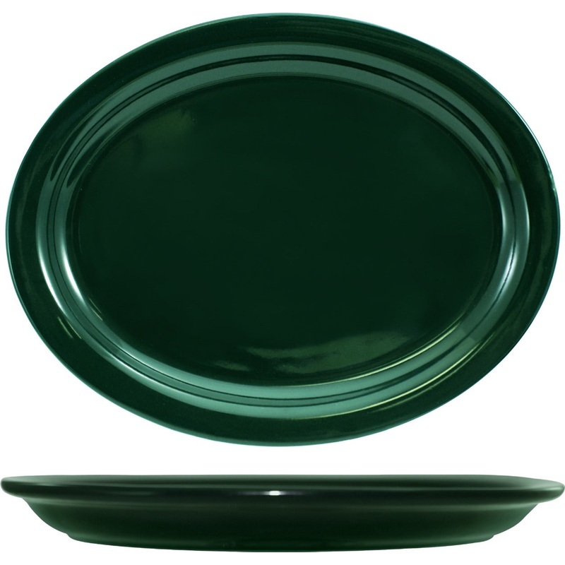 International Tableware CAN-13-G Cancun Green Rolled Edge Narrow Rim Oval China Platter 11-3/4" x 9-1/4" - 12/cs