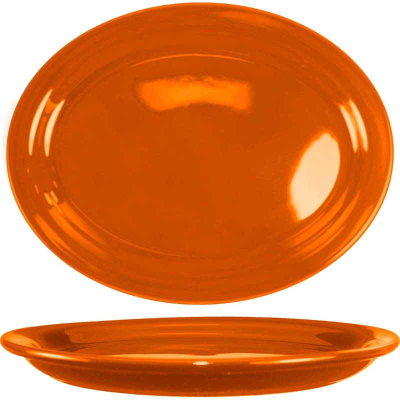 International Tableware CAN-13-O Cancun Orange Rolled Edge Narrow Rim Oval China Platter 11-3/4" x 9-1/4" - 12/cs
