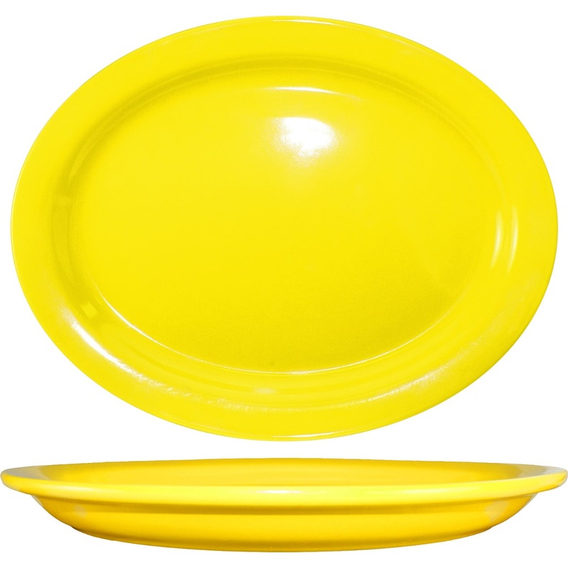 International Tableware CAN-13-Y Cancun Yellow Rolled Edge Narrow Rim Oval China Platter 11-3/4" x 9-1/4" - 12/cs