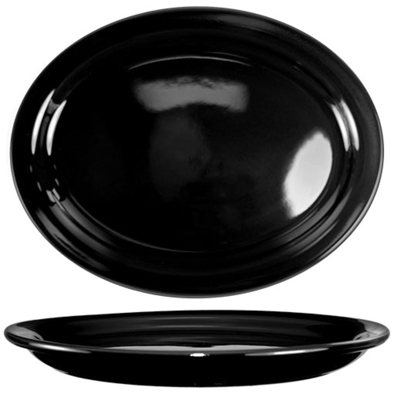 International Tableware CAN-14-B Cancun Black Rolled Edge Narrow Rim Oval China Platter 13-1/4" x 10-3/8" - 12/cs
