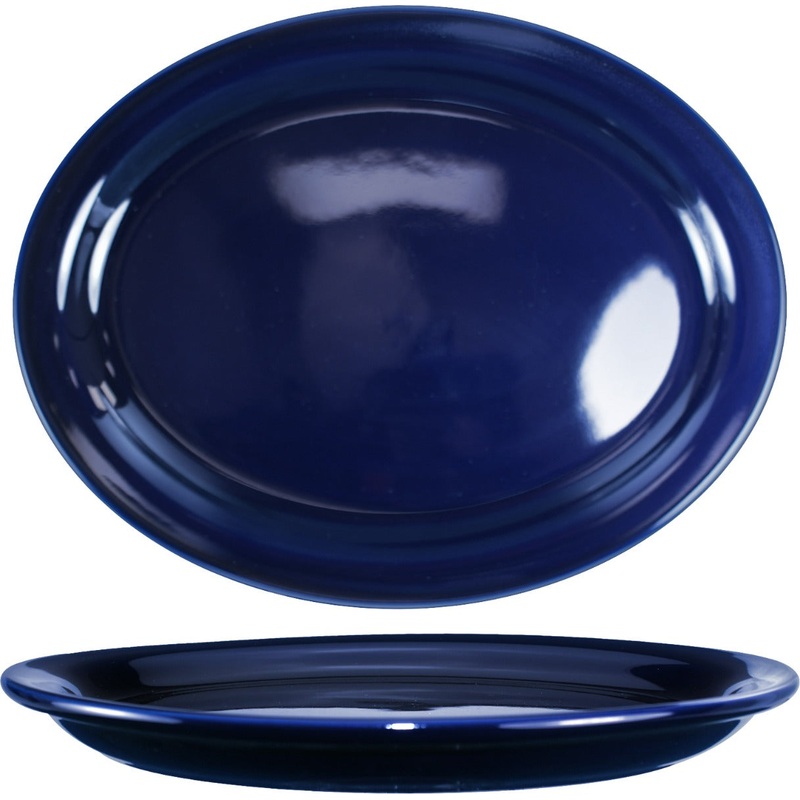International Tableware CAN-14-CB Cancun Cobalt Blue Rolled Edge Narrow Rim Oval China Platter 13-1/4" x 10-3/8" - 12/cs