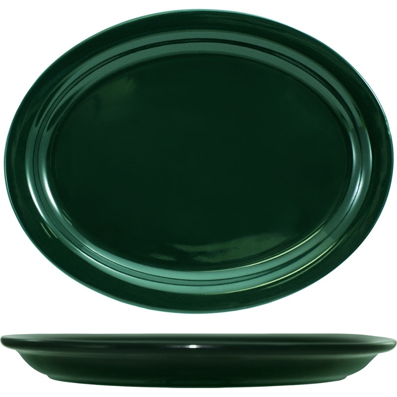 International Tableware CAN-14-G Cancun Green Rolled Edge Narrow Rim Oval China Platter 13-1/4" x 10-3/8" - 12/cs
