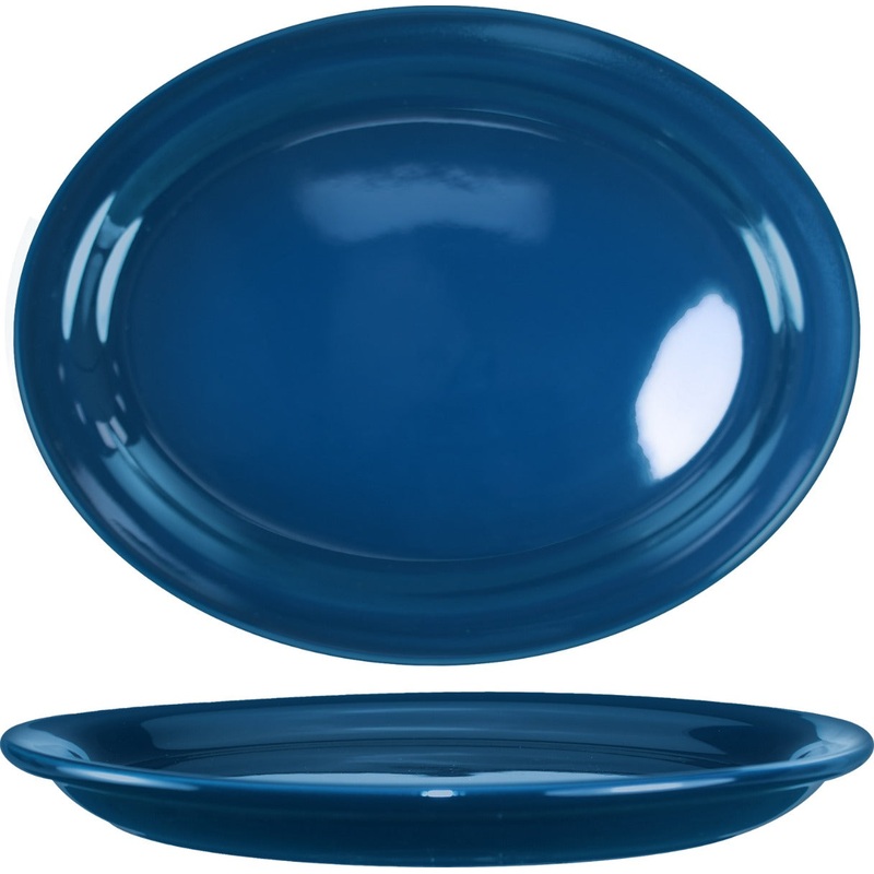 International Tableware CAN-14-LB Cancun Light Blue Rolled Edge Narrow Rim Oval China Platter 13-1/4" x 10-3/8" - 12/cs