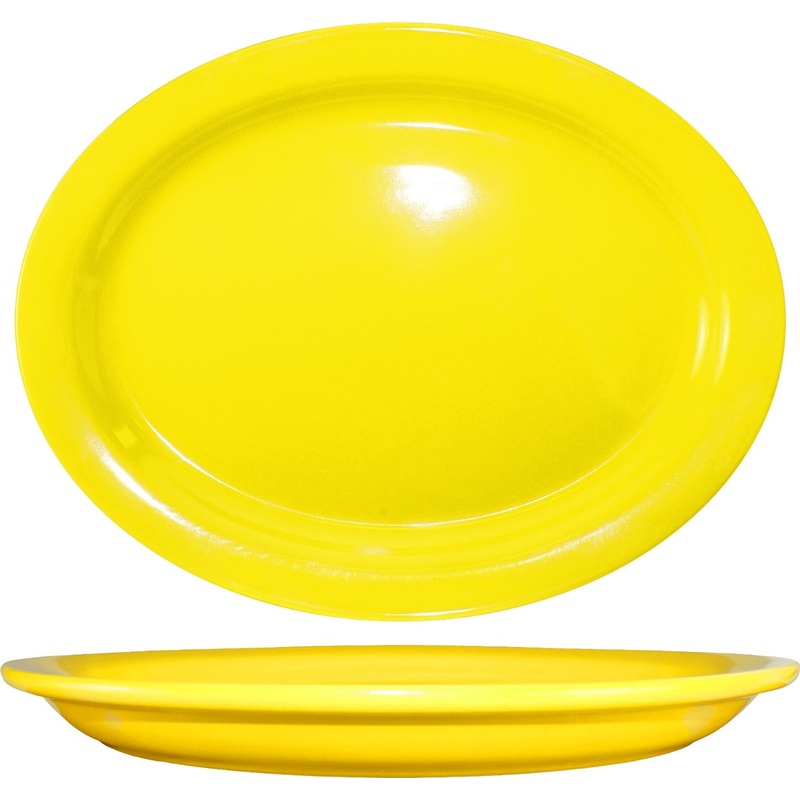 International Tableware CAN-14-Y Cancun Yellow Rolled Edge Narrow Rim Oval China Platter 13-1/4" x 10-3/8" - 12/cs