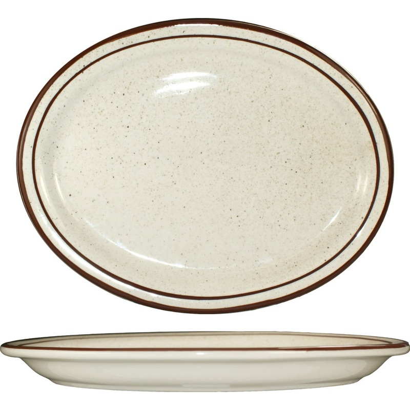 International Tableware GR-13 Granada Brown Speckle Narrow Rim Oval China Platter 11-1/2" x 9-1/4" - 12/cs