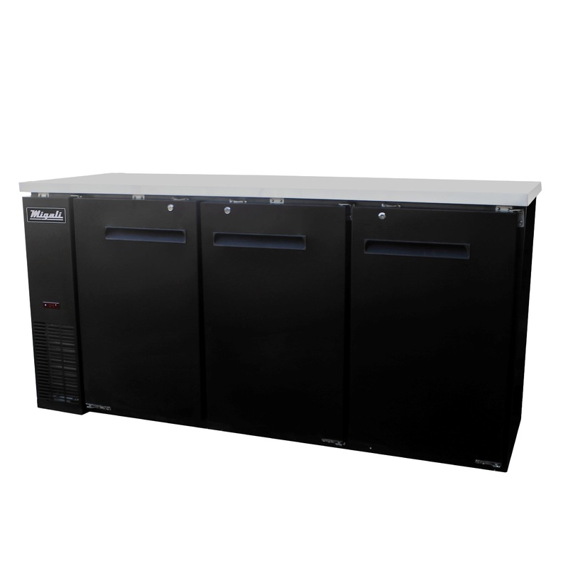 Migali C-BB72-HC Competitor Series Back Bar Cooler Black 3 Solid Door Refrigerator w/R290 72" - (3) 1/2 Keg Capacity
