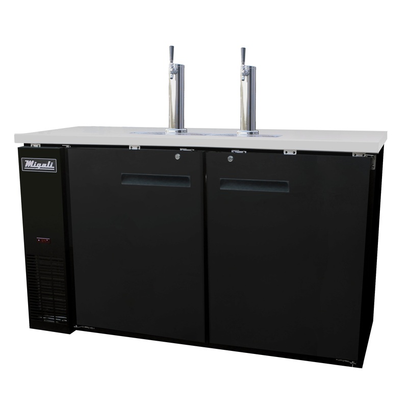 Migali C-DD60-2-HC Competitor Series Black 2 Solid Door 2 Single Tap Direct Draw Beer Cooler 60" - (2) 1/2 Keg Capacity