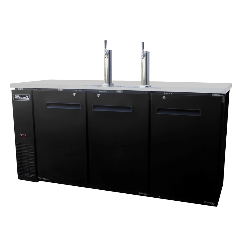 Migali C-DD72-3-HC Competitor Series Black 3 Solid Door 2 Single Tap Direct Draw Beer Cooler 72" - (3) 1/2 Keg Capacity